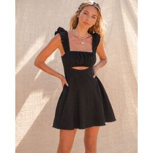 Free People Bom Bom Island Black Boho Mini Babydoll Dress Pockets Raw Hem Medium